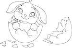 Easter bunny sitting in the broken Easter Egg. Coloring page