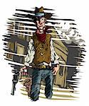 Mean illustration of a Cowboy gunslinger draws his six shooter