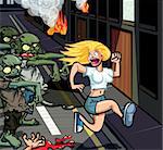 Cartoon Zombies chasing terrified young woman through a street with houses on fire