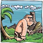 Cartoon caveman with a club in front of prehistoric background