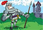 Cartoon knight in armour with a spear. He is in a fields in front of a castle
