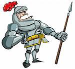 Cartoon knight in armour with a spear. He is isolated on white