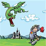 Cartoon knight attacked by a dragon. A castle is in the distance
