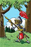 Cartoon knight in armour with a spear. He is in a forest