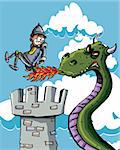 Cartoon knight burnt on his bum by a dragon. He is on a castle tower with blue sky behind him