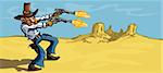 Cartoon cowboy in the desert firing his six guns. There is a blue sky behind him