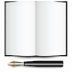 fountain ink pen and open book against white background, abstract vector art illustration