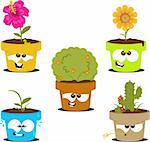 Funny cartoon pots with various plants