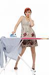 Beautiful house woman ironing mens shirt. isolated on white background