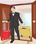 The employee of hotel helps to bear two suitcases