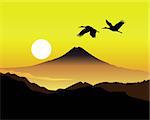 the sacred mountain of Fujiyama with two cranes on the background of an orange sky