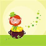 Happy St. Patrick's Day! Cute little Leprechaun on Cauldron of Gold. Vector Illustration.