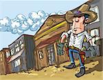 Cartoon cowboy casts a shadow in the dusty streets of a old west town