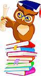 Illustration of a cartoon wise owl with graduation cap and diploma sitting on pile book