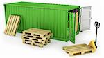 Green opened container and stack of wooden pallets, isolated on white background