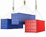 Three freight containers are being hoisted, isolated on white background