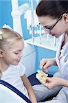 A young dentist shows a child how to brush their teeth