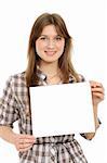 young woman holding empty white board, on a white background