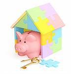 Piggy bank, house and keys. Isolated over white