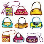 A set of beautifully designed colorful purses. Cute different shapes and prints. Totes, handbags, bucket bag, hobos, clutches, satches, shoulder bags, chain handle bags