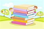 illustration of kids climbing on pile of books in natural background
