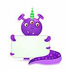 violet smily monster with empty placard. vector illustration isolated on white background
