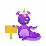 violet smily monster with empty wooden sign. vector illustration isolated on white background