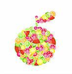 apple silhouette composed of different fruits - pomegranate orange apple cherry watermelon on white background