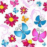 Floral seamless white pattern with vivid flowers and butterflies (vector)