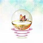 Butterfly isolated in glass globe suspended with waves