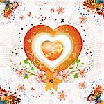 Valentine's day card. Heart and butterflies over springtime background