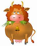 Red curly cow eats a green grass, isolated vector