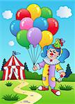 Clown girl with balloons near tent - vector illustration.