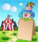 Clown holding board near tent - vector illustration.