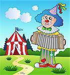 Clown playing accordion near tent - vector illustration.