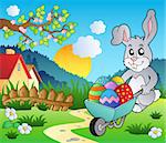Meadow with bunny and wheelbarrow - vector illustration.