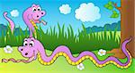 Two cartoon snakes on meadow - vector illustration.