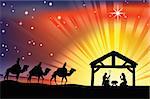 Illustration of traditional Christian Christmas Nativity scene with the three wise men