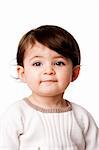 Face of a cute adorable baby infant toddler with innocent expression, isolated.