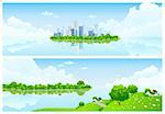 Two horizontal Nature banners with clouds grass flowers and buildings