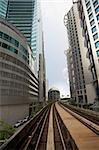 City scenery with railroad over business skyscraper.