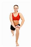 beautiful woman doing stretching exercise, isolated on white background.