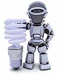 3D render of a robot with energy saving light bulb