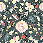 seamless floral pattern of insects on a dark background