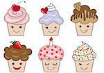 set of cute cupcake faces, vector illustration