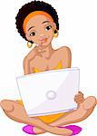 Happy young African  woman sitting on cushion with laptop in lap