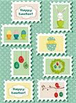 Easter postal stamps set, vector illustration
