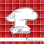 Vector menu pattern with chef hat sticker on  red background