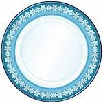 White-blue decorative plate with floral ornament on white (vector)