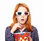 Women in stereo glasses eating popcorn. Studio shot.